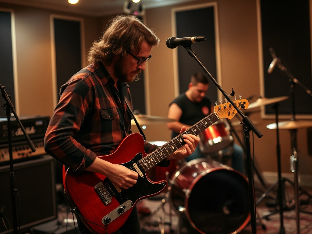 band rehearsal scene with guitarist locked into groove, drummer in background, cohesive rhythm, warm tones