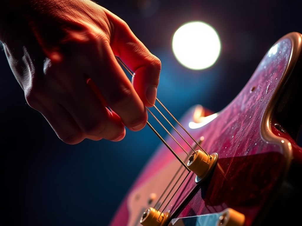 close-up of a guitarist's picking hand striking strings with precision, dramatic stage lighting, worn guitar body, gritty texture