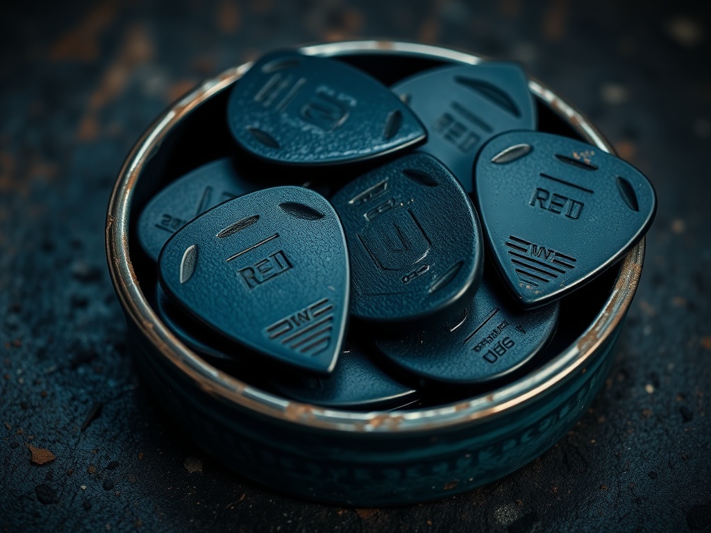 close-up of thick guitar picks in a worn metal tin, textured surface, moody lighting