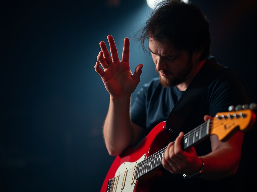 guitarist frustrated during practice, hand paused mid-air, dim moody lighting