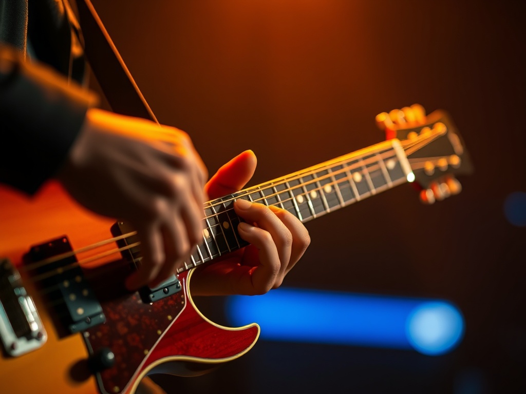 guitarist mid-strum motion blur of hand swinging like a pendulum, strings vibrating, warm amber lighting