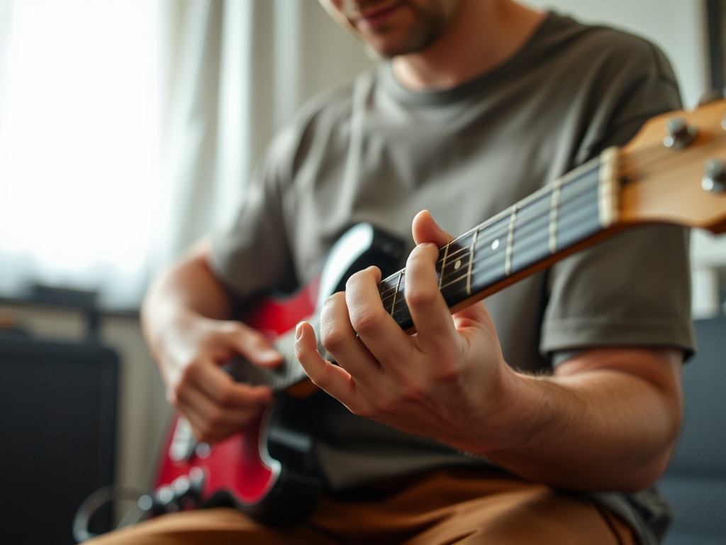 guitarist practicing muted ghost strums with palm muting, focus on rhythmic motion, gritty practice room
