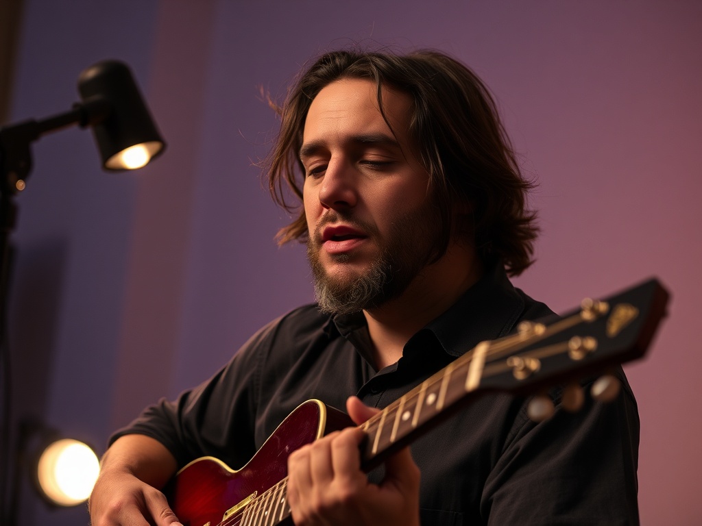 guitarist practicing rhythm counting out loud, focused expression, dim lamp lighting, worn fretboard
