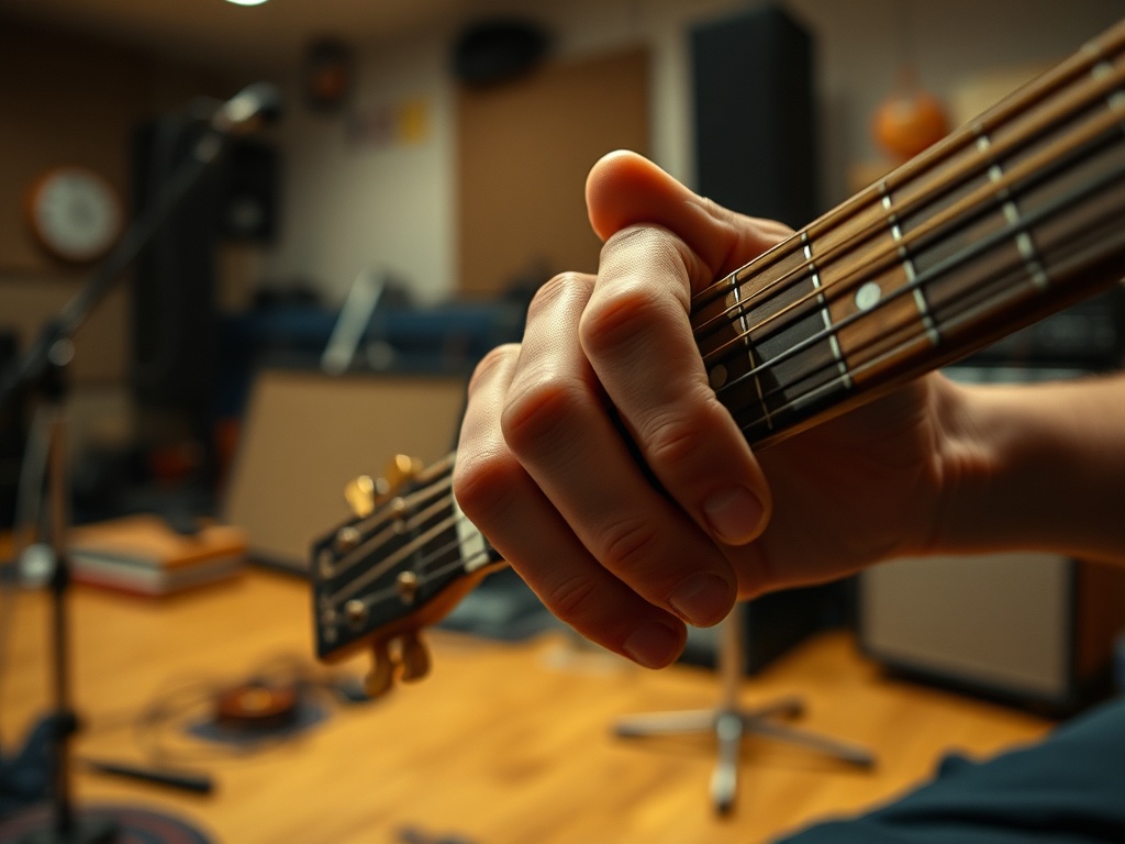 messy chaotic guitar strumming hand with uneven motion, blurred inconsistent strokes, dim rehearsal room