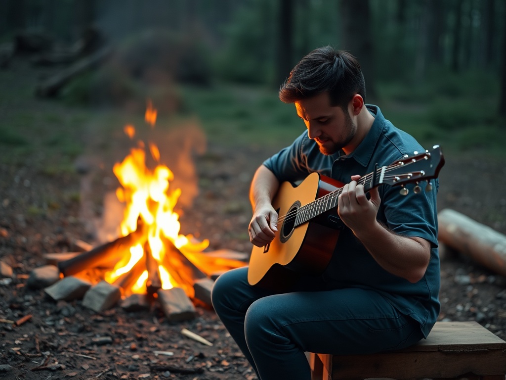 acoustic guitarist playing simple chord progression around campfire, strong rhythmic strumming, warm glow