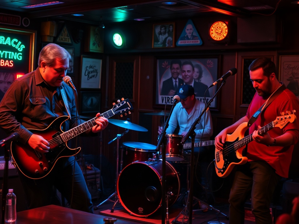 band playing in a dive bar with tight rhythm groove, guitarist focused on strumming, drummer and bassist locked in