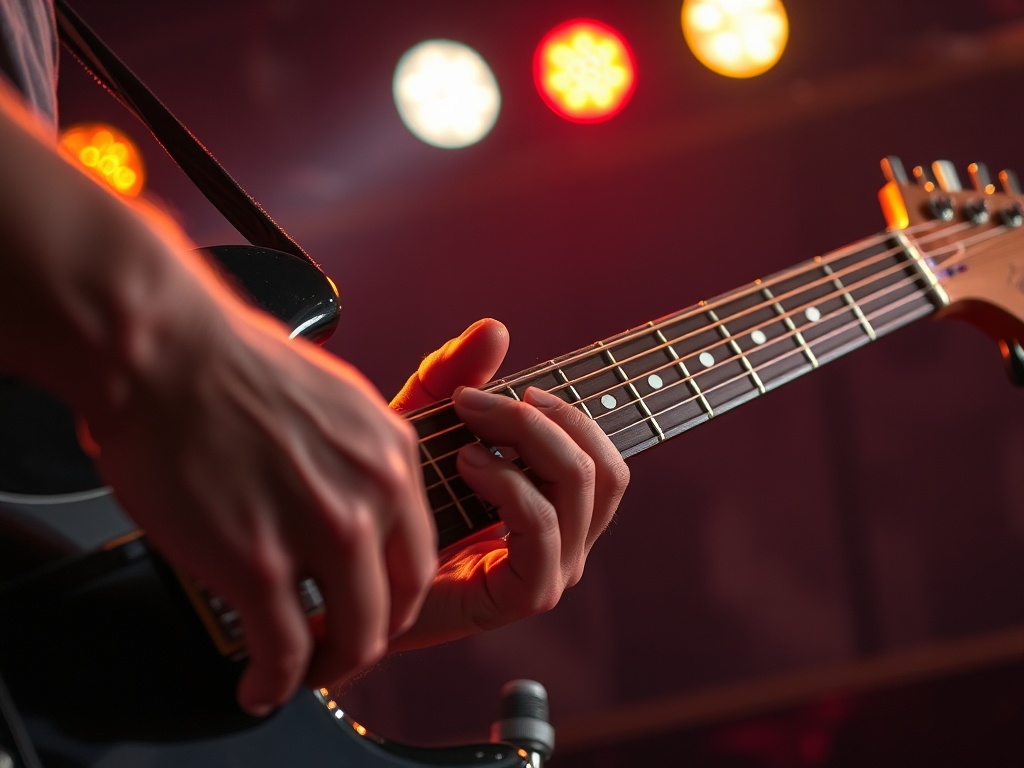 close-up of a guitarist right hand strumming worn electric guitar strings under warm stage lights, gritty dive bar atmosphere