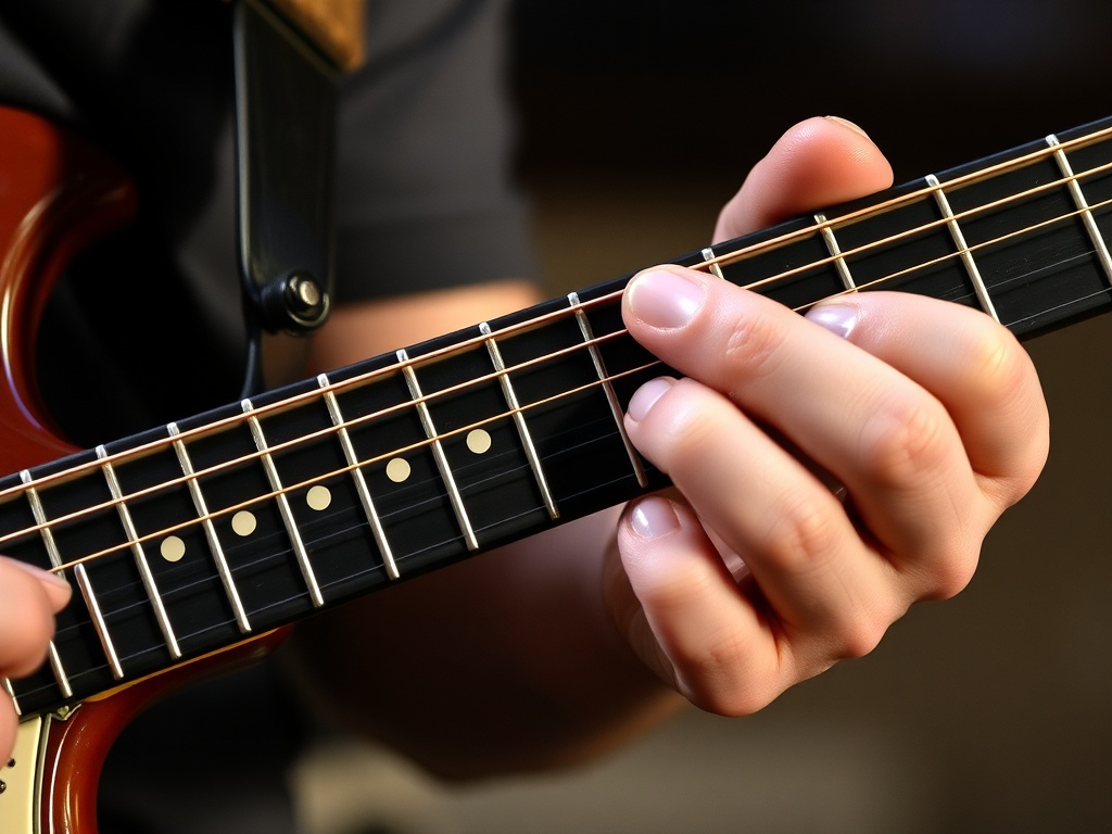 close-up of guitarist switching chords mid-strum, slightly messy but energetic playing, realistic fingers on fretboard