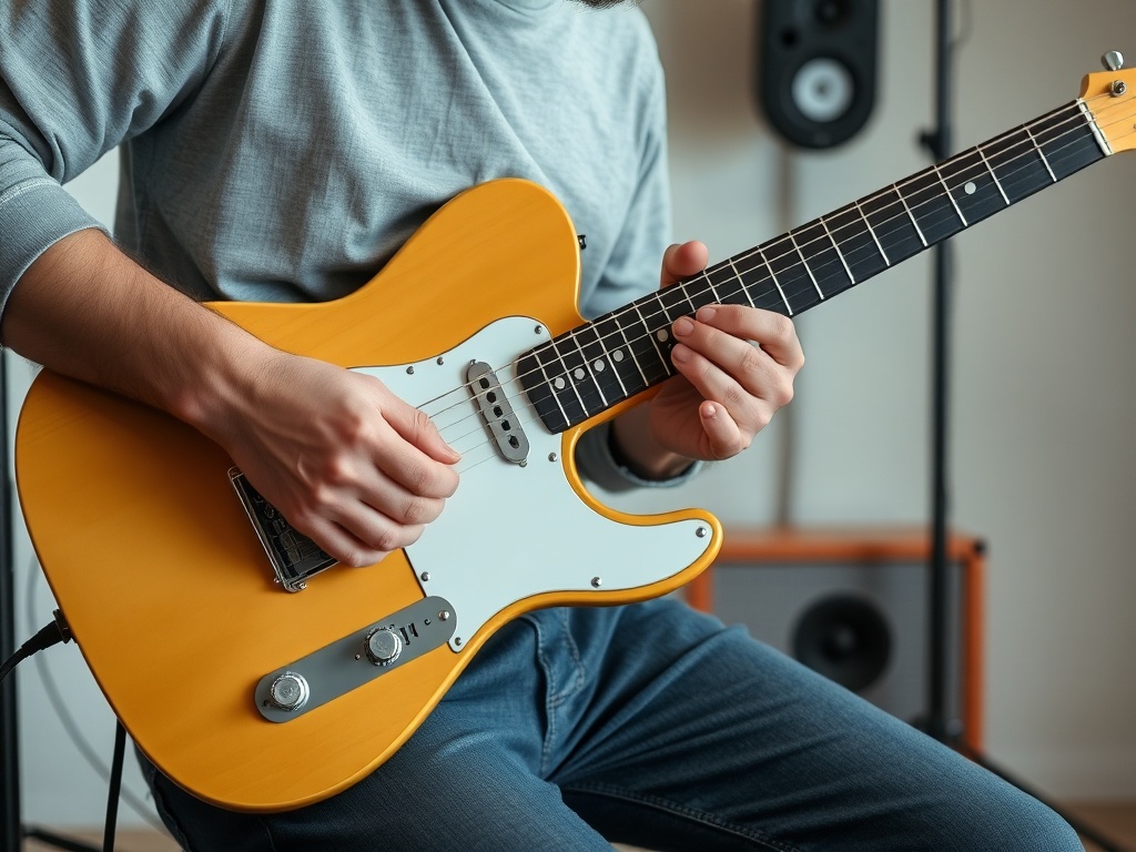 guitarist muting strings while practicing rhythmic strumming with focused expression, minimal studio setup