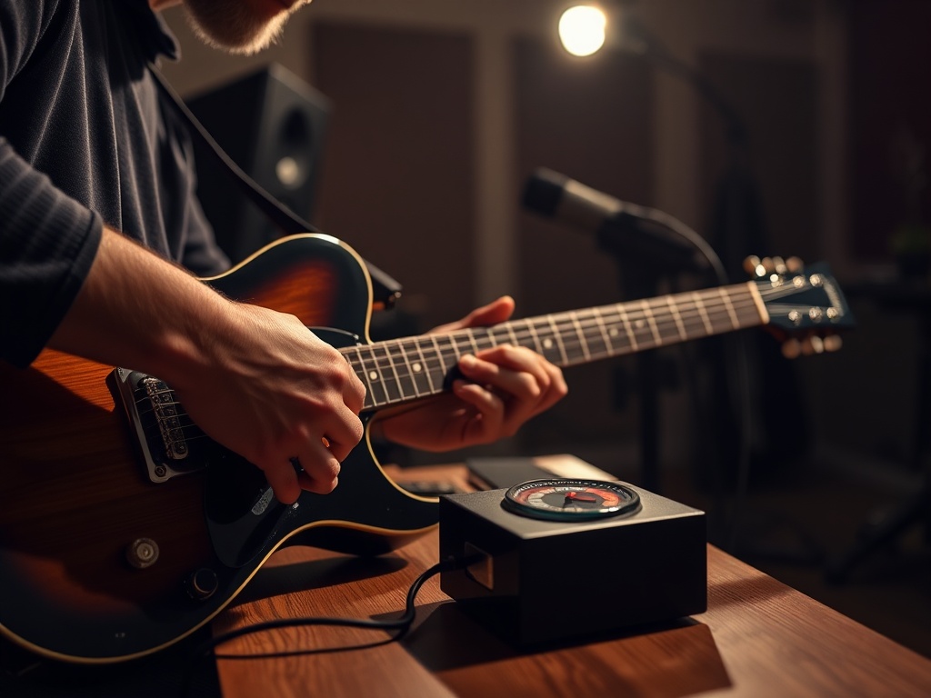 guitarist practicing steady strumming motion with metronome on wooden table, focused hands, dim rehearsal room lighting