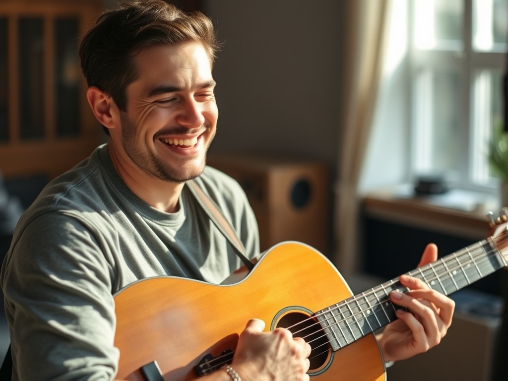 guitarist smiling mid-practice as rhythm locks in, natural light, expressive playing moment