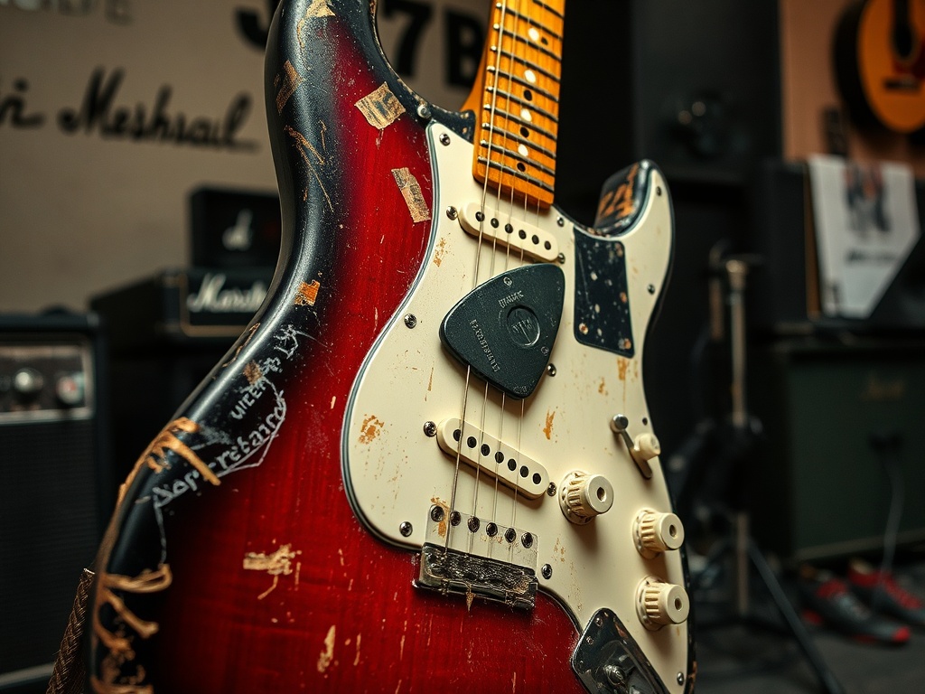 worn electric guitar with duct tape and heavy pick resting on strings, gritty rehearsal space aesthetic