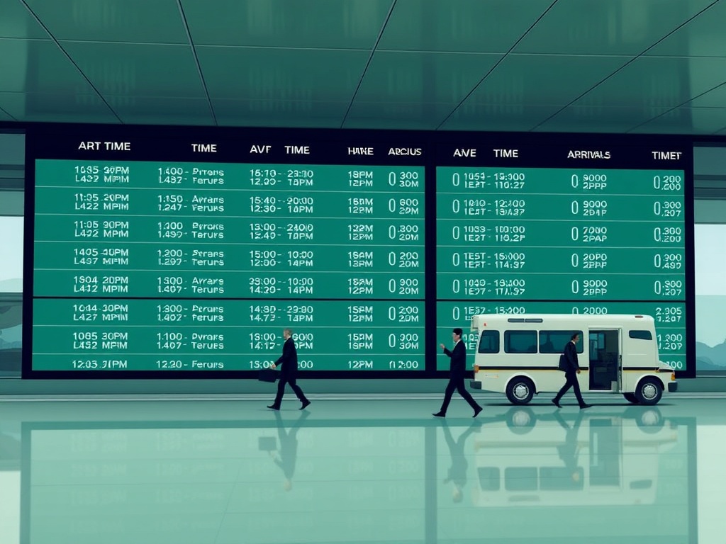 airport arrivals board with different times, group coordinating pickups and transport