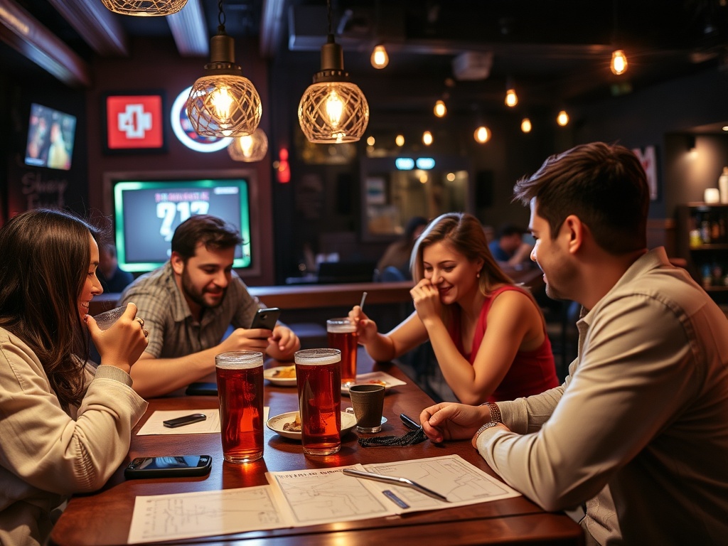group deciding late night food plan at a bar table with maps and phones out