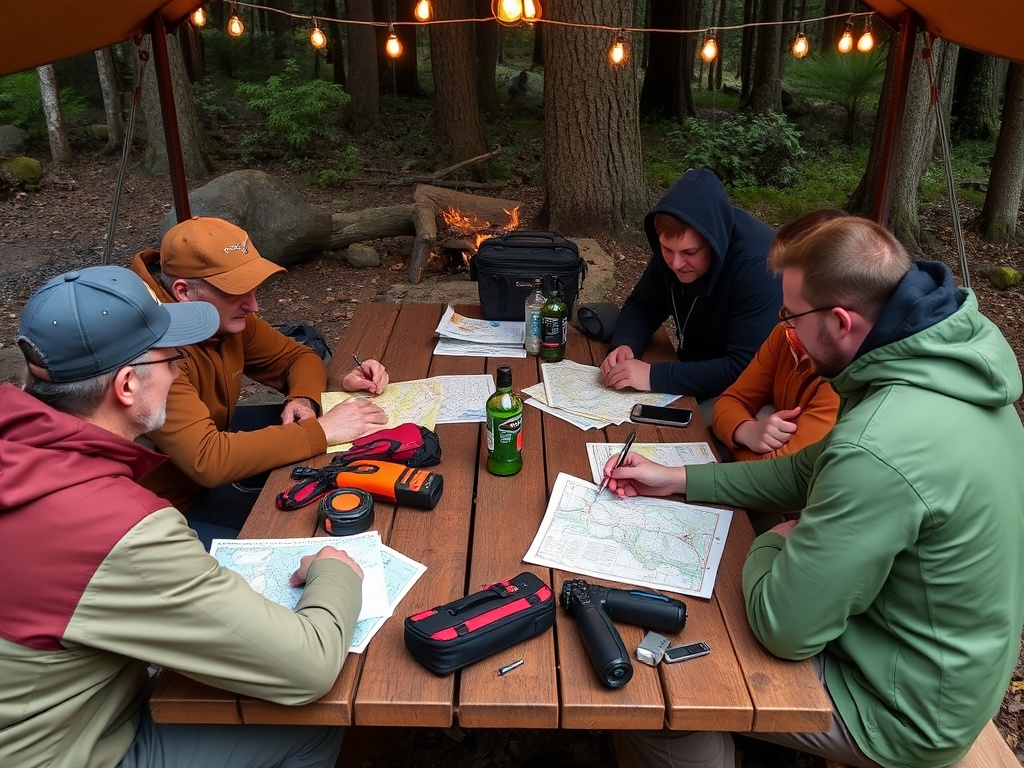 group dividing responsibilities around camp table, assigning roles with gear and maps laid out