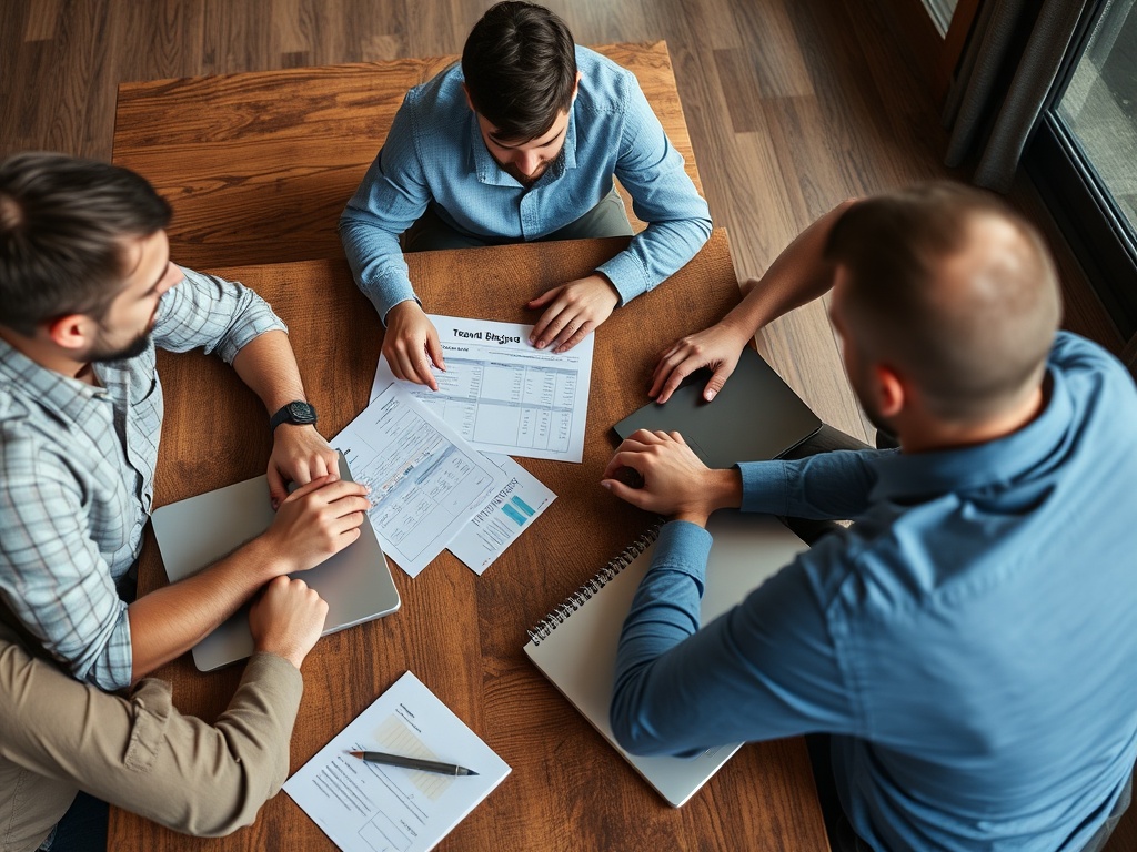 group of men reviewing travel budget spreadsheet at a wooden table with laptops and notebooks, serious focused planning atmosphere