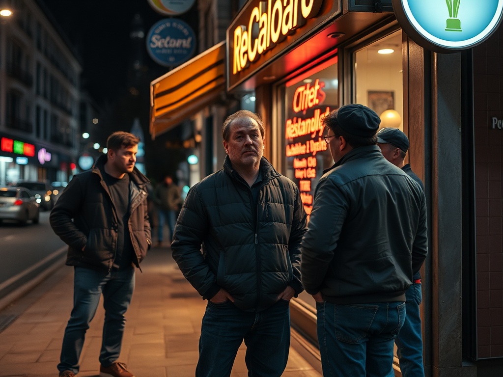 group of tired men standing outside closed restaurant at night, looking frustrated in a city street