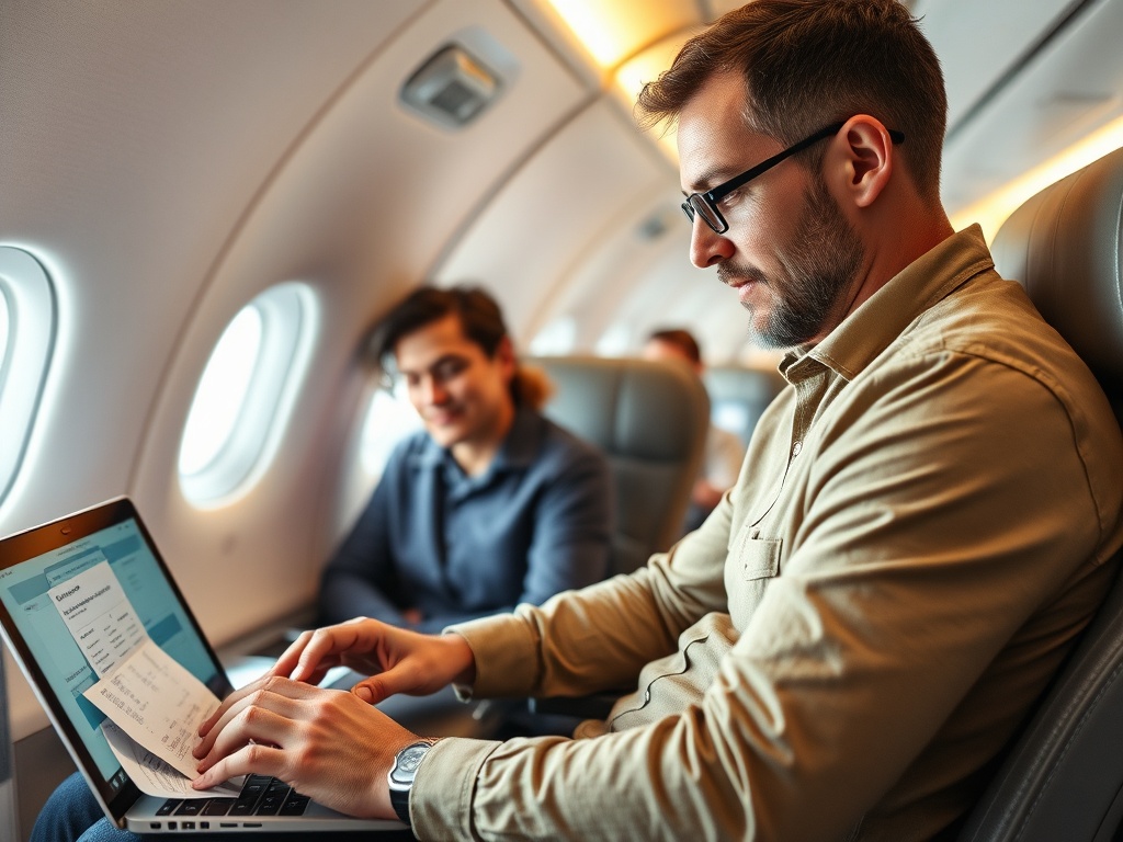 man organizing travel reservations on laptop with receipts, others looking over shoulder in a cabin setting