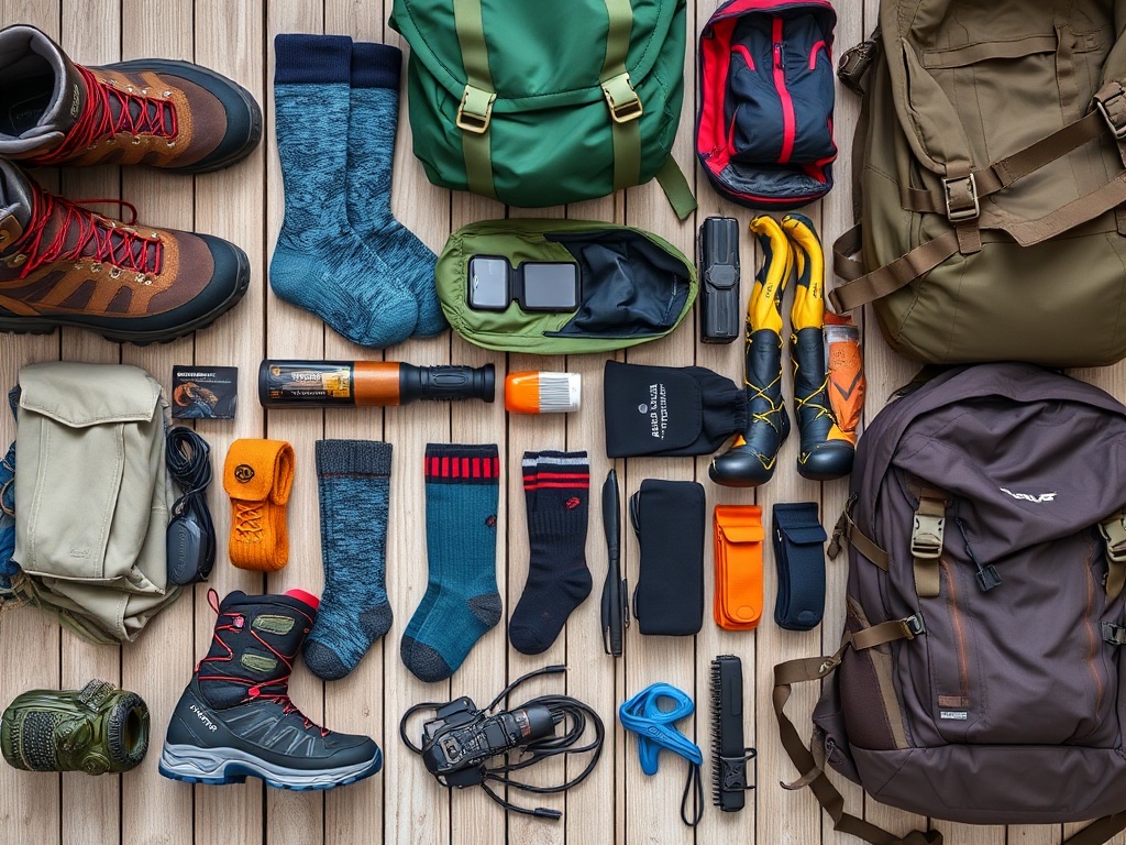 organized hiking gear layout with boots, technical socks, backpacks arranged neatly