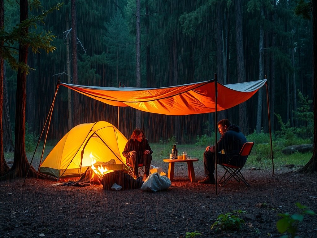 rain hitting campsite with backup shelter set up, group staying dry under tarp