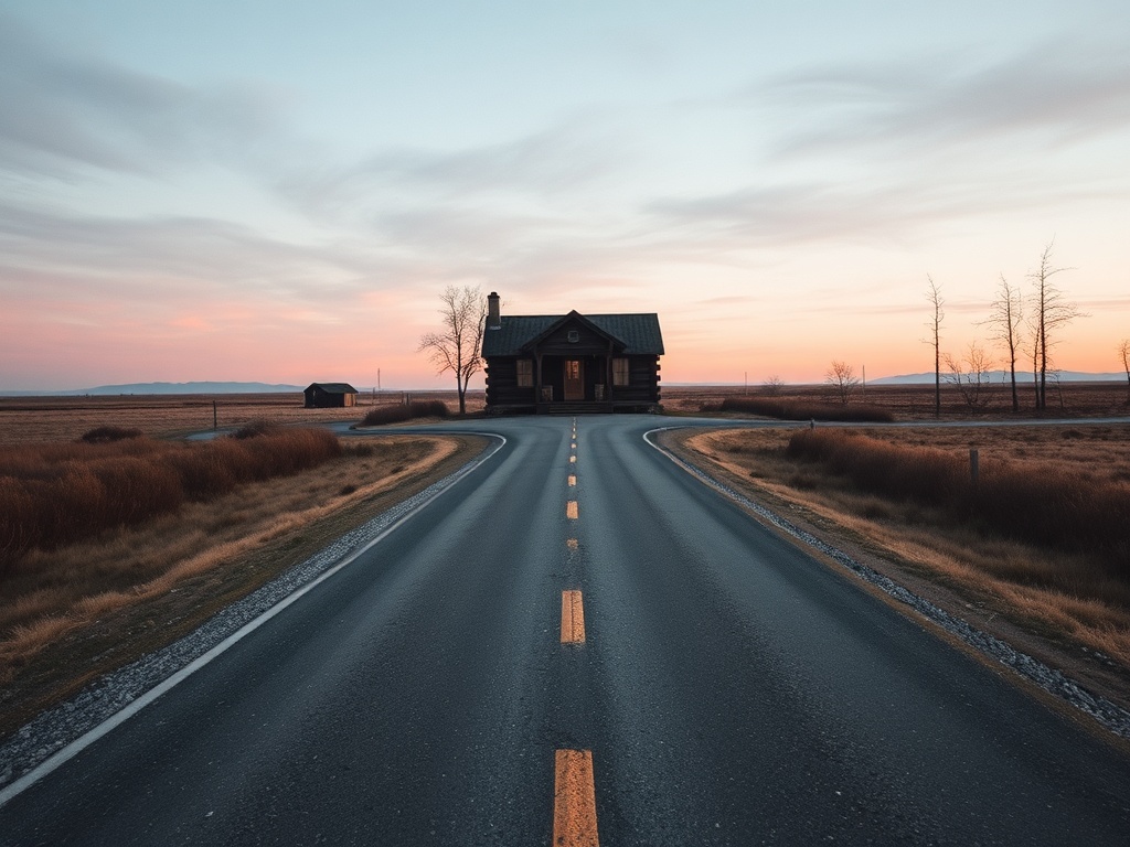 remote cabin far from town with long empty road leading to it, isolated setting