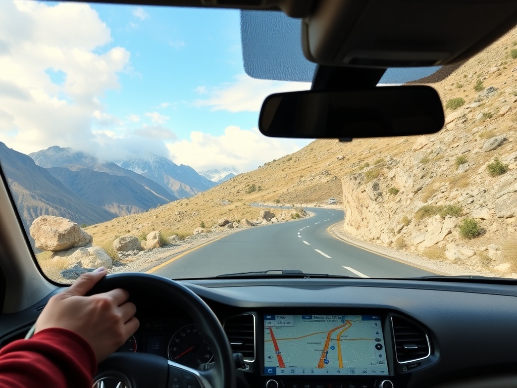 SUV driving through mountain road with map navigation on dashboard, long winding route ahead