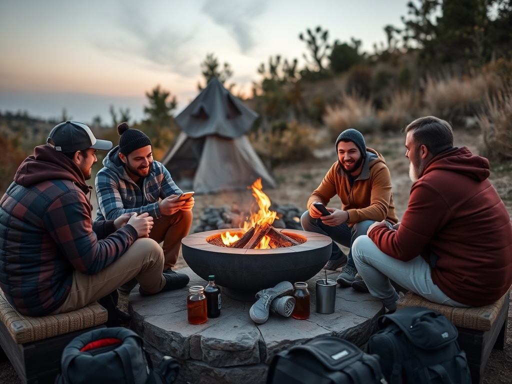 friends sitting around a fire pit reviewing plans on a phone with drinks and gear nearby