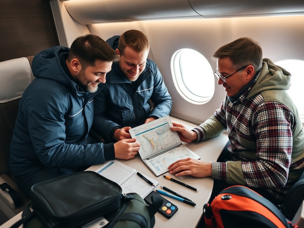 group of men reviewing a detailed travel itinerary on a laptop at a cabin table with gear around