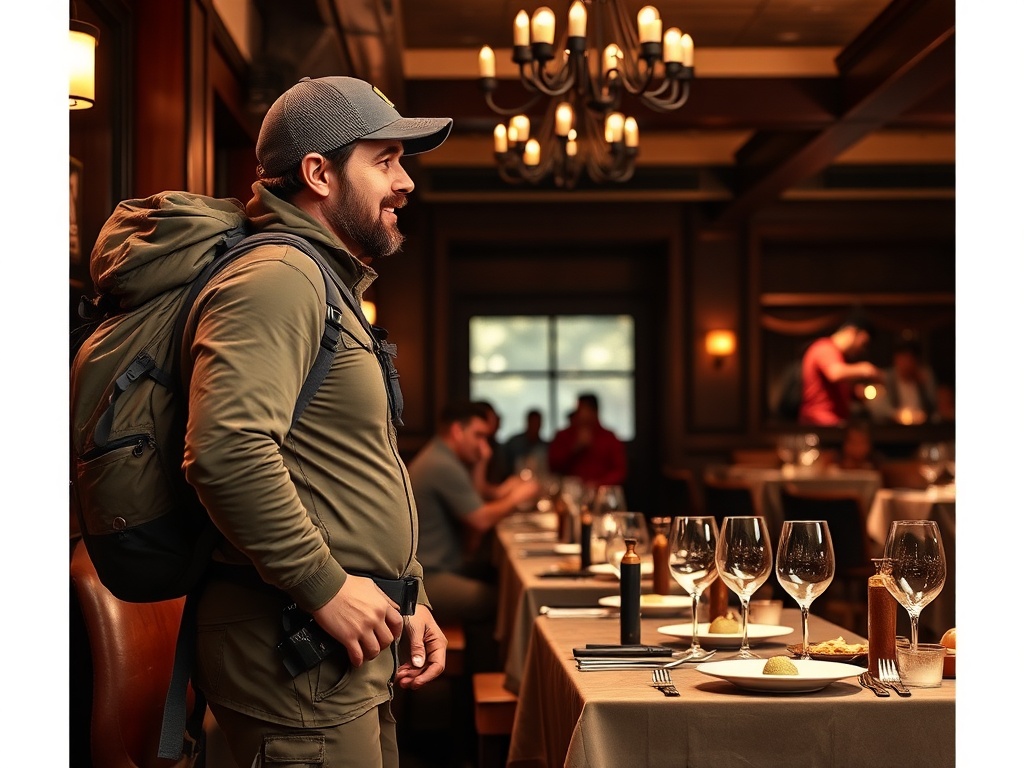 men in hiking gear transitioning to a steakhouse dinner setting with contrast of rugged and refined
