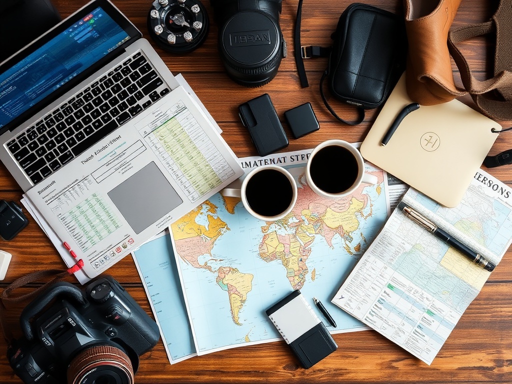 organized travel planning desk with maps, laptop spreadsheet, coffee, and gear laid out neatly