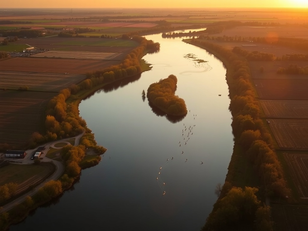 Grand River winding through Haldimand County farmland at golden hour, soft light and calm water