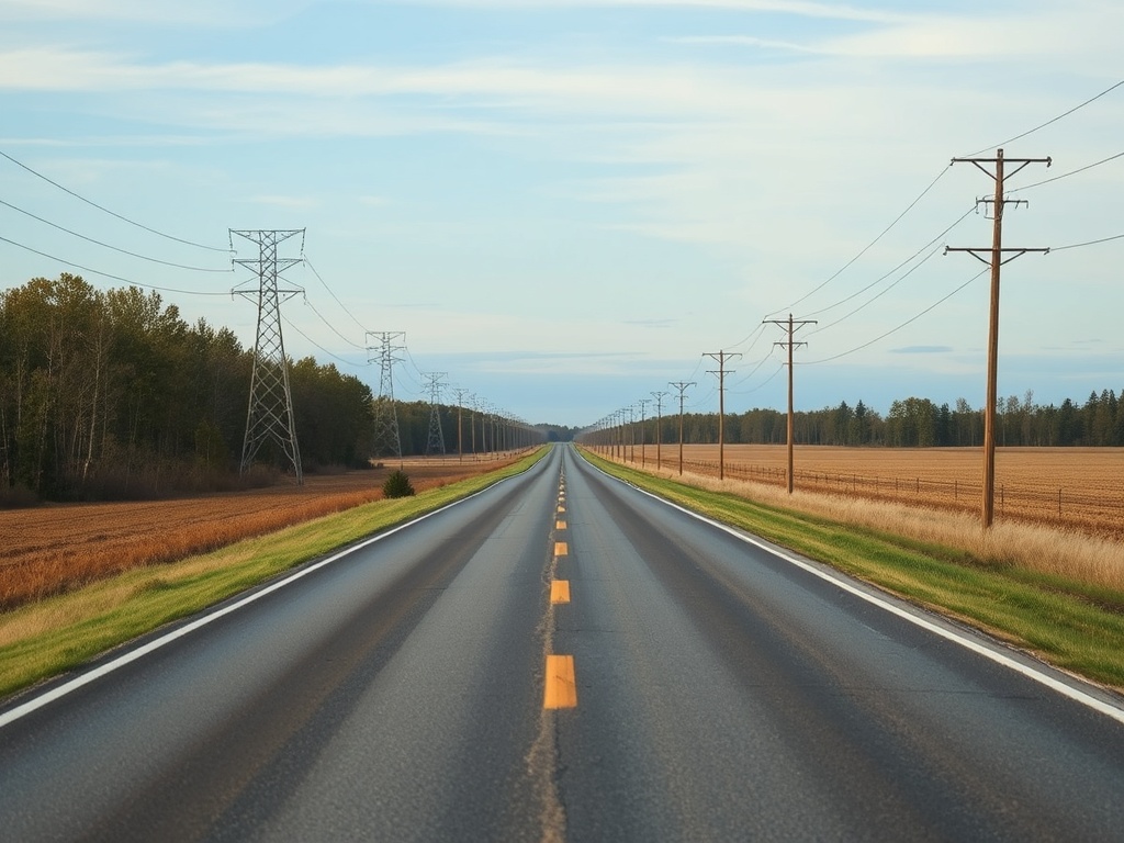 long empty country road in Haldimand County with hydro poles and open sky