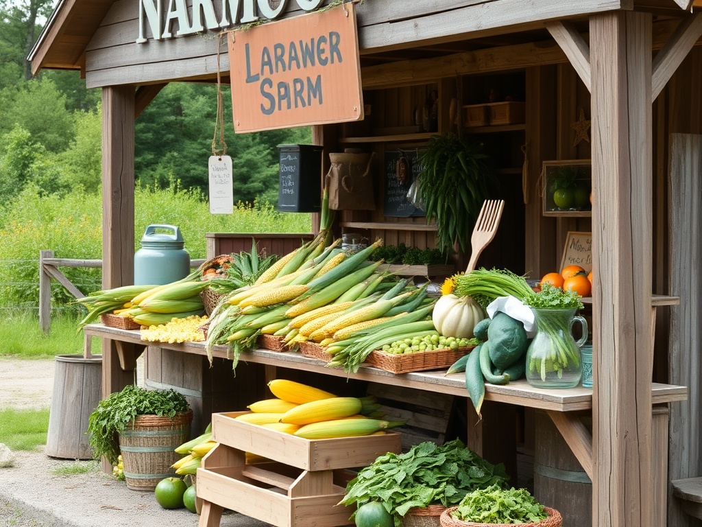 Ontario roadside farm stand with fresh corn and vegetables, rustic wooden setup