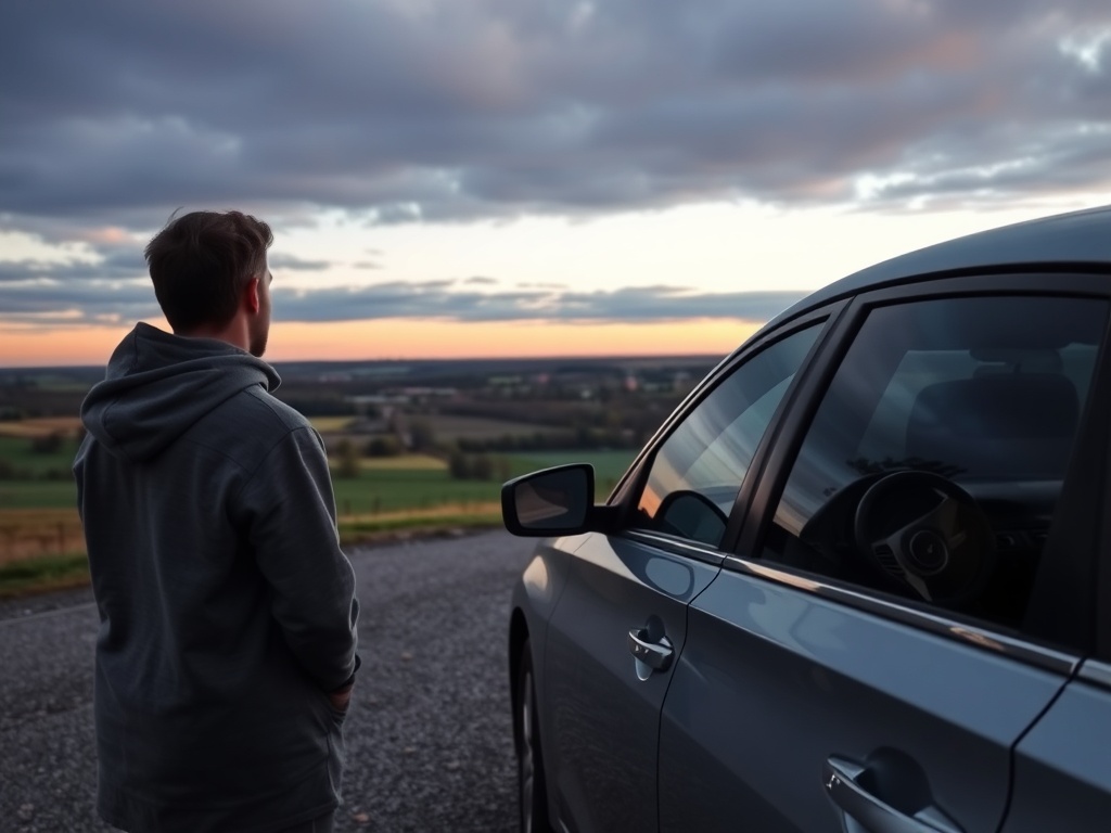 person standing by car overlooking rural Haldimand County landscape, reflective mood
