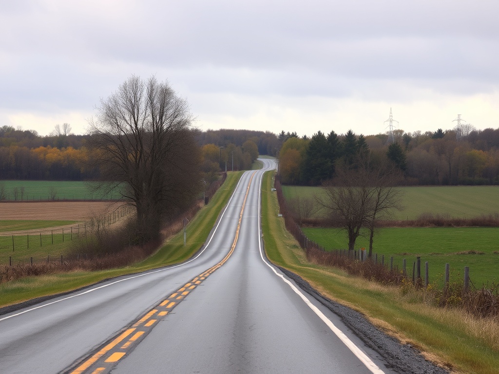quiet rural road near Cayuga Ontario with fields and trees, overcast soft light