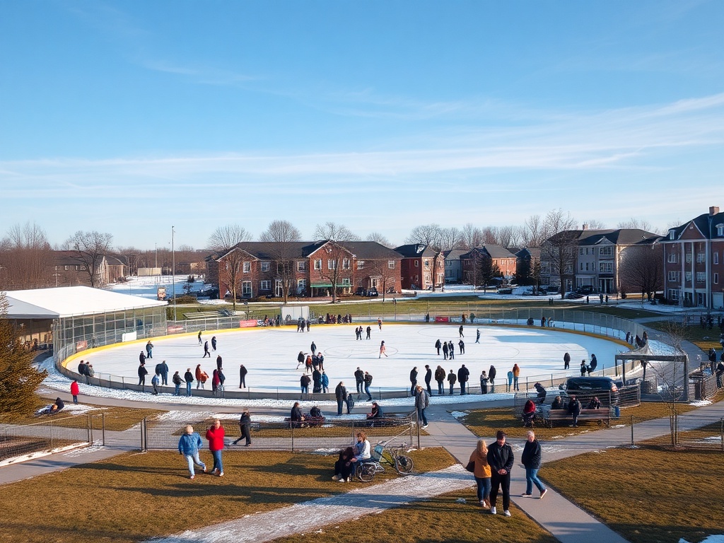 A bustling community center with ice rink in winter, sports fields in summer, and people enjoying outdoor activities