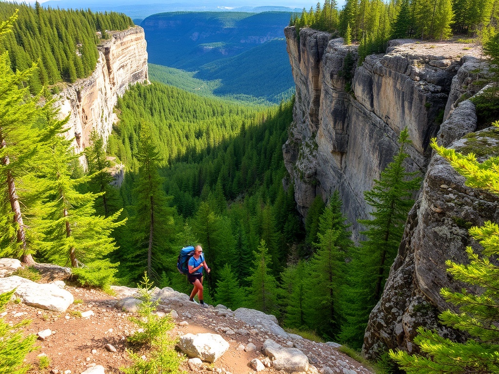 A hiker navigating the rugged terrain of the Bruce Trail, surrounded by lush forests and breathtaking cliffs