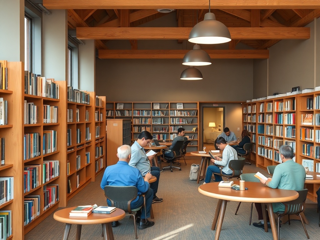 A peaceful library setting with shelves of books, cozy reading areas, and community members engaging in quiet activities