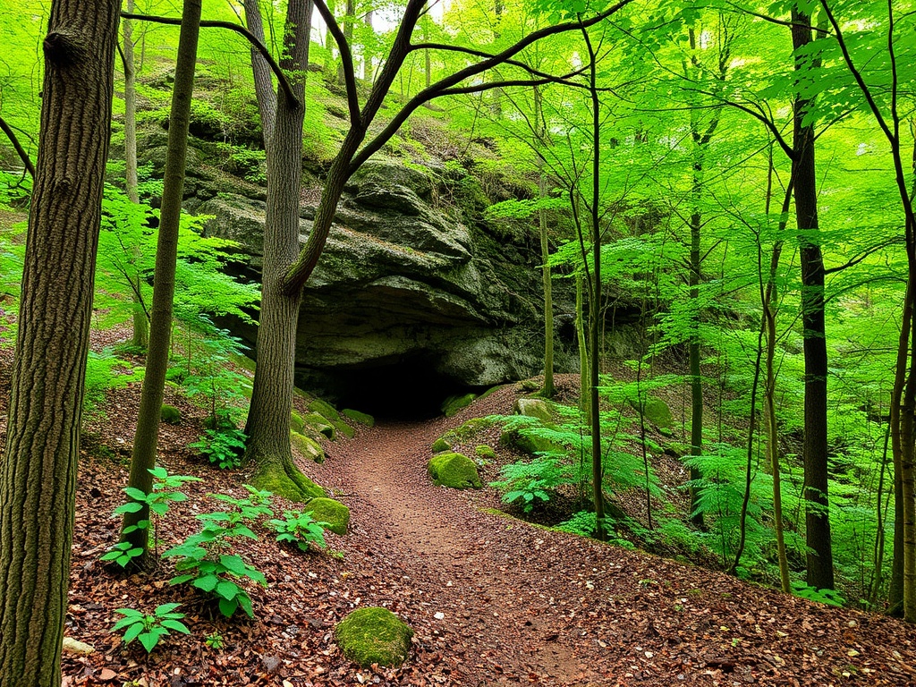 A scenic nature trail with trees and a hidden cave, perfect for hiking and wildlife