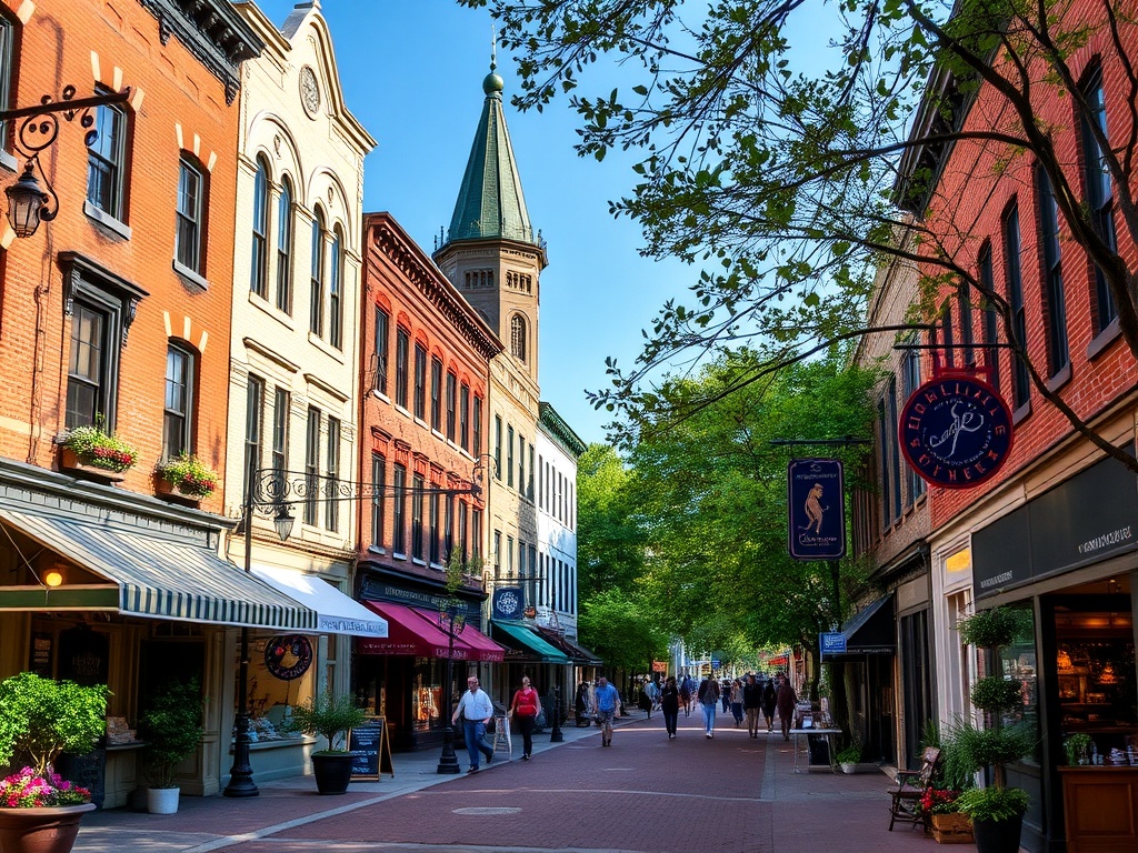 A vibrant, cozy downtown with historic buildings, unique boutiques, and leafy streets, perfect for a local stroll