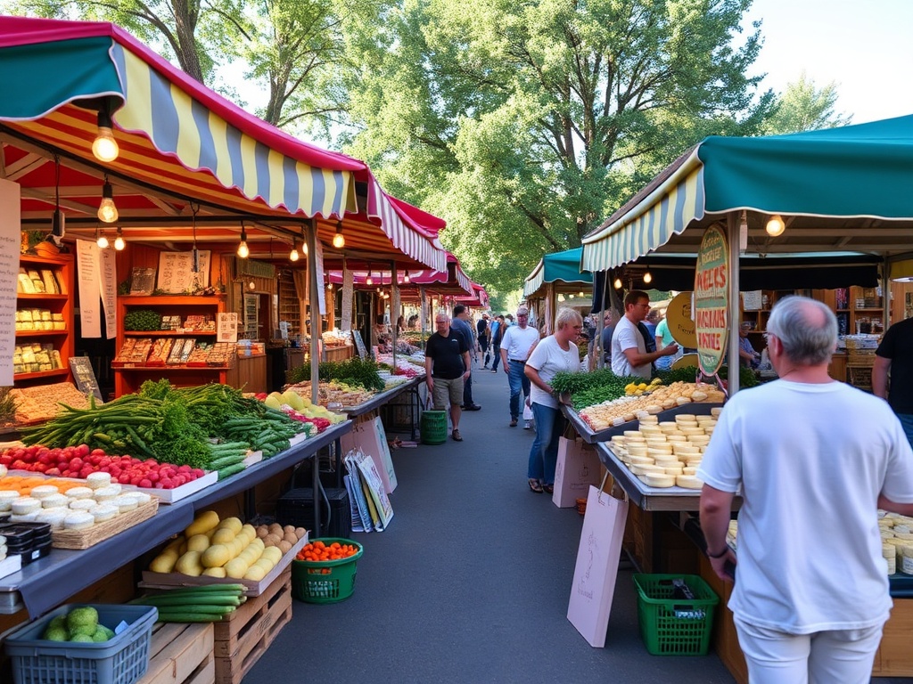 A vibrant farmers market with colorful stalls offering fresh produce, local cheese, and artisan goods