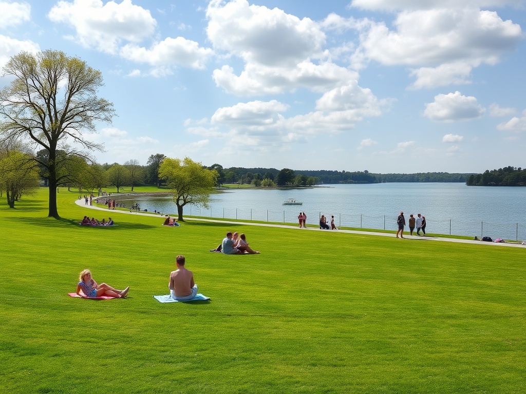 A wide, green park with scenic lake views, perfect for picnics and walking, with families relaxing on the grass