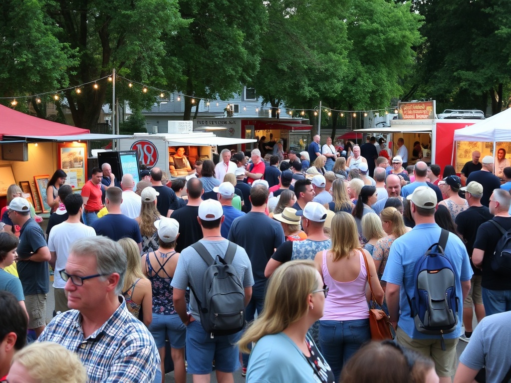 Crowds enjoying an outdoor festival with local artists, food trucks, and live music in the background