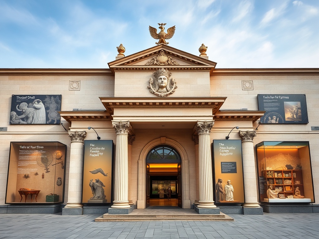 Museum exterior with grand entrance, featuring ancient artifacts and contemporary exhibits