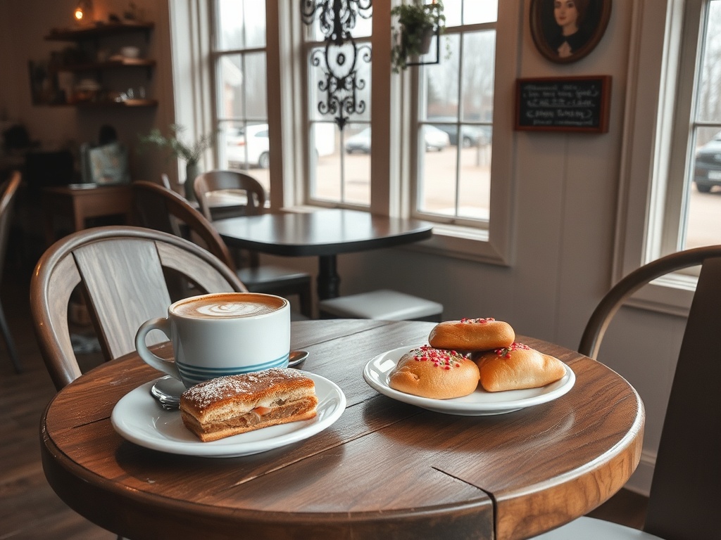 cozy small town cafe in Georgetown Ontario with latte and pastries on rustic table