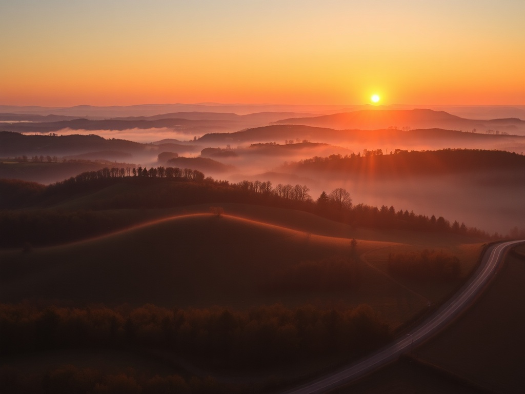 golden sunrise over rolling hills in Halton Hills Ontario with mist and countryside roads