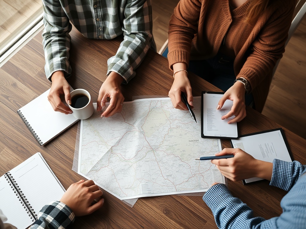 people planning a weekend itinerary at a wooden table with coffee maps and notebooks