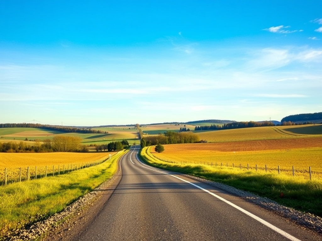 quiet rural road in Halton Hills with rolling farmland and blue sky afternoon