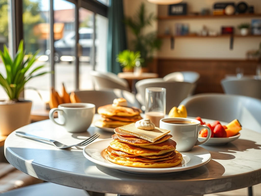 relaxed brunch table with sunlight pancakes coffee and fresh fruit in a bright cafe