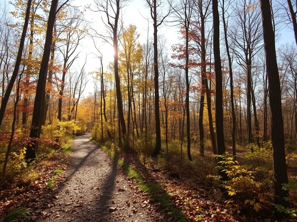 scenic Bruce Trail forest path in autumn Halton Hills with sunlight through trees